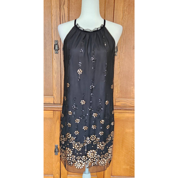 Max Studio Specialty Sz S Whimsigoth‎ Chic VTG Black Gold Halter Sequin Dress - Picture 2 of 13